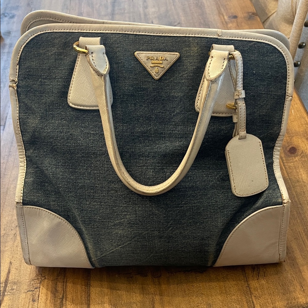 Prada Denim and White Leather Tote